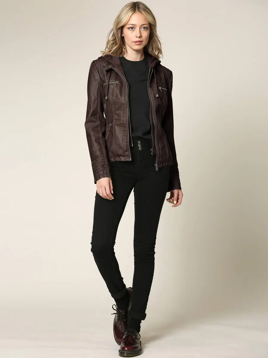 Made By Johnny Womens Faux Leather Motorcycle Jacket with Removable Hood | Regular Fit, Coffee - view 6