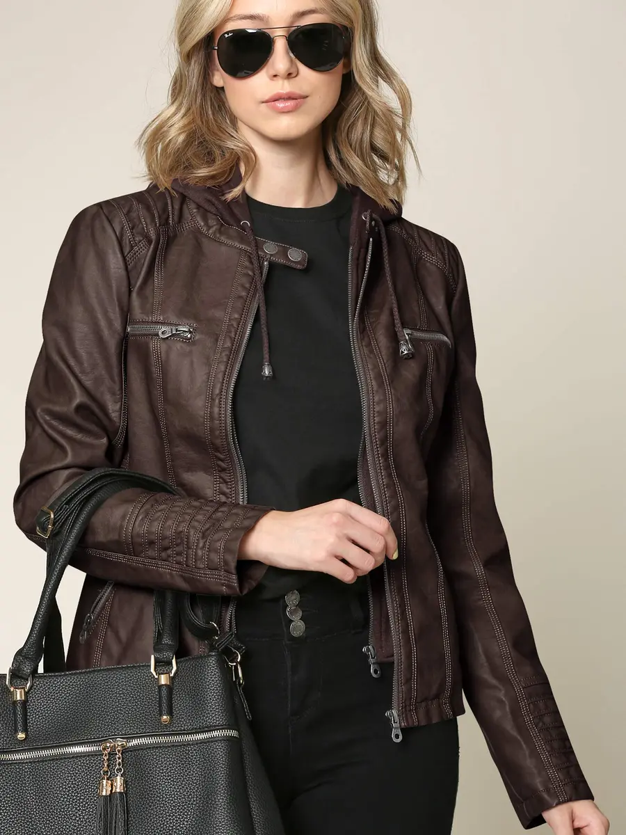Made By Johnny Womens Faux Leather Motorcycle Jacket with Removable Hood | Regular Fit, Coffee - view 3