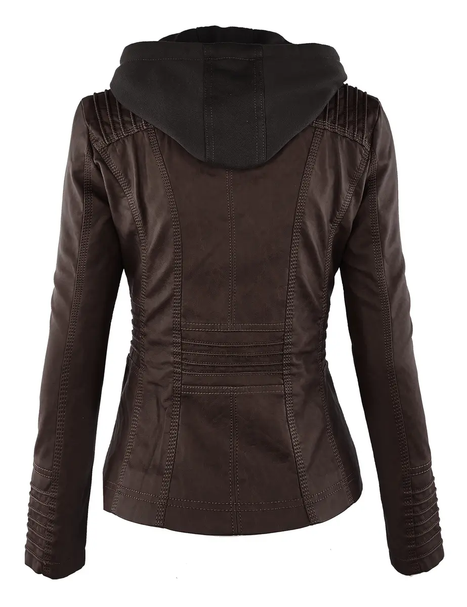 Made By Johnny Womens Faux Leather Motorcycle Jacket with Removable Hood | Regular Fit, Coffee - view 4