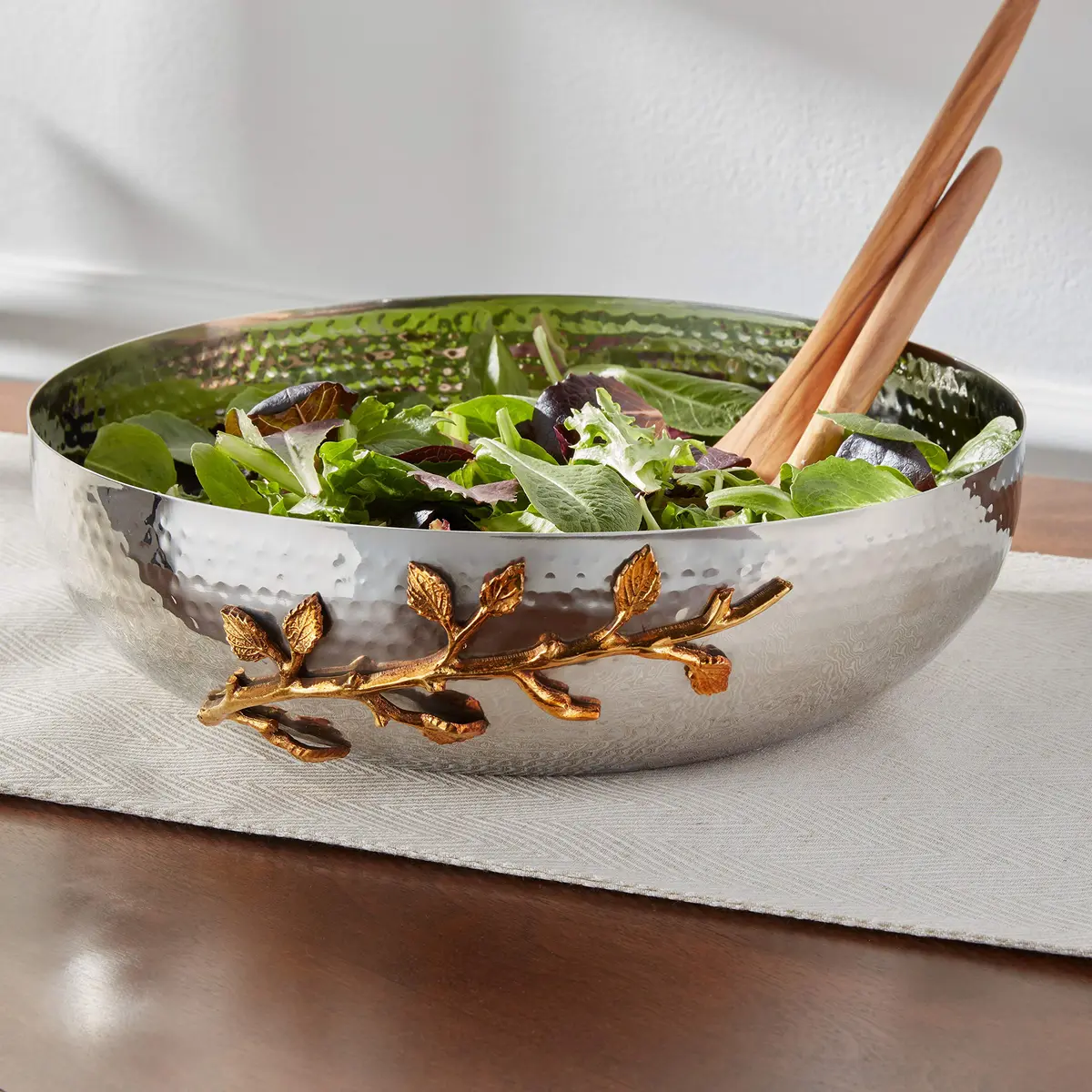 Elegance Golden Vine Hammered Salad Bowl 12-Inch | Silver/Gold Stainless Steel, Elegant Design - view 2