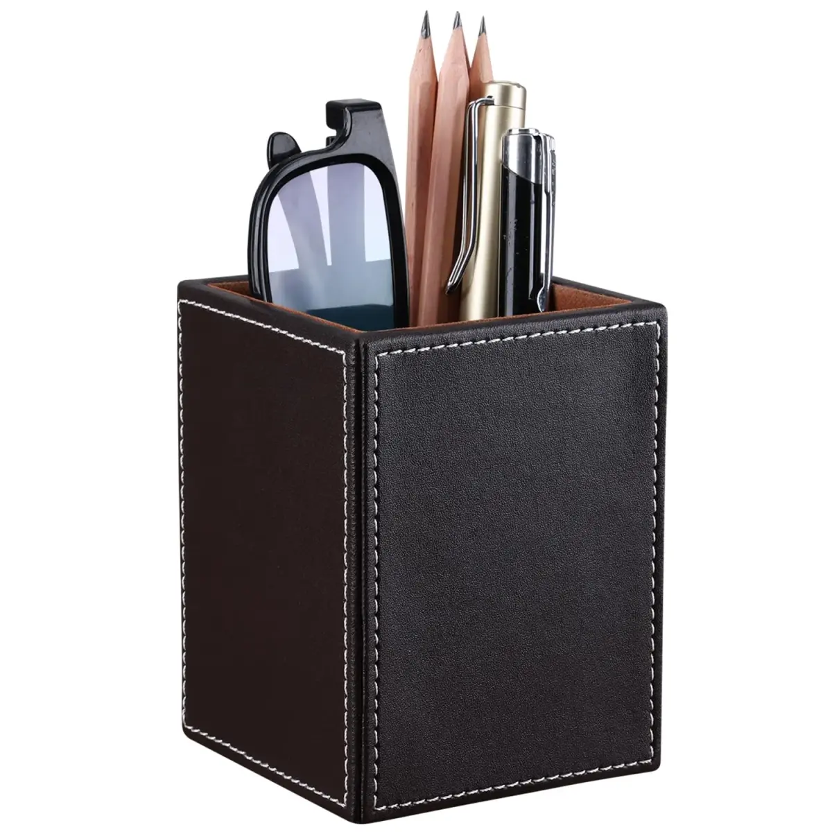 KINGFOM PU Leather Square Pencil Holder Cup | Desktop Stationery Organizer for Office & Study - main product image