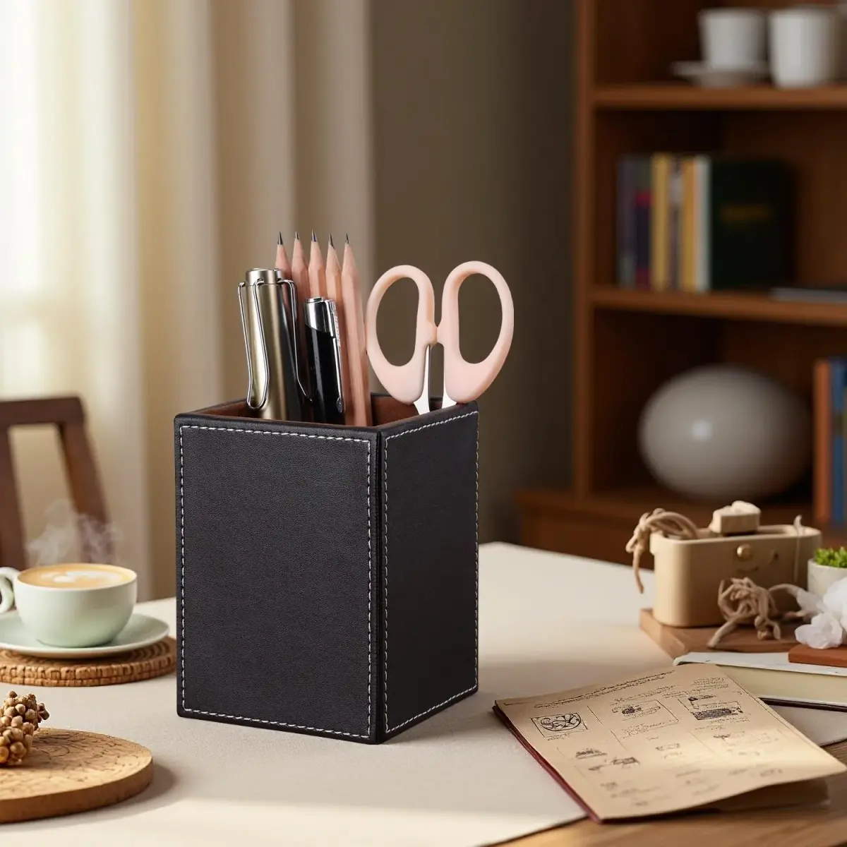 KINGFOM PU Leather Square Pencil Holder Cup | Desktop Stationery Organizer for Office & Study - view 6