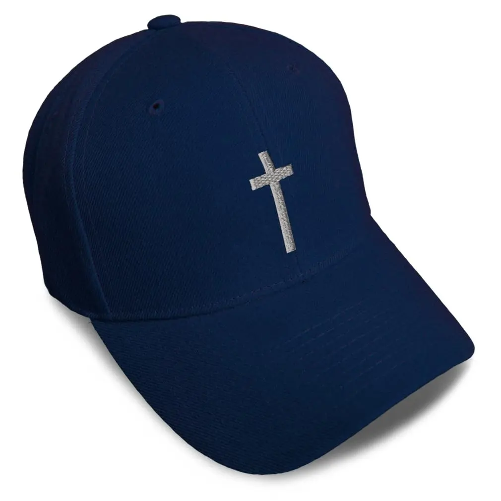 Speedy Pros Baseball Cap Cross Silver Christ Jesus God Faith Navy Design Only Cross hat | Embroidered 100% Acrylic Adjustable Cap - main product image