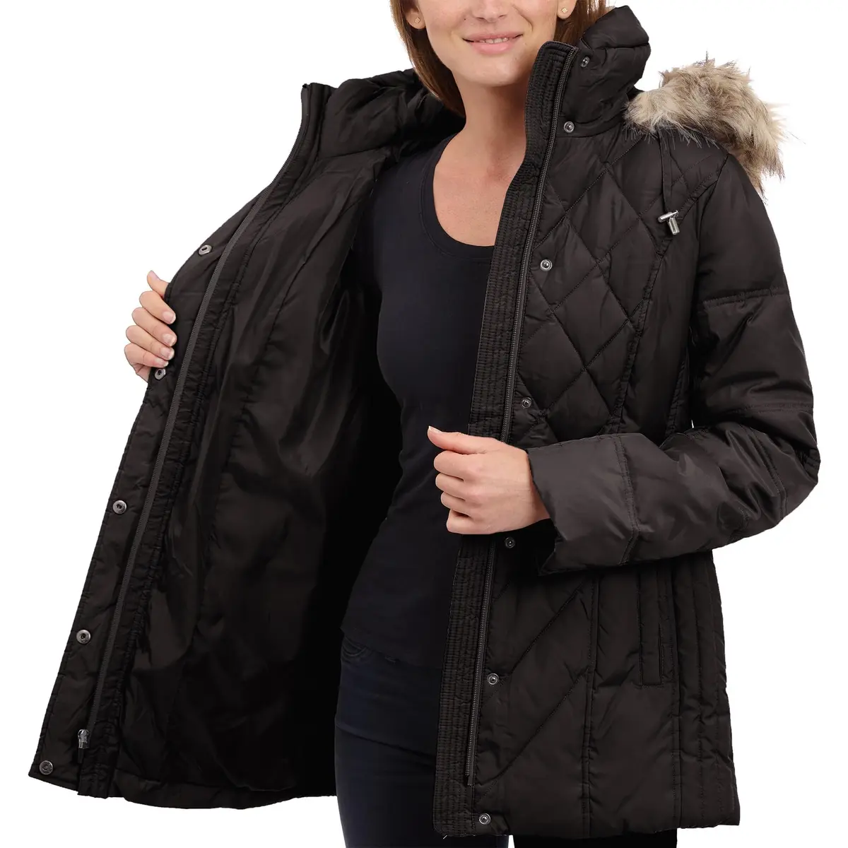 London Fog Women's Diamond Quilted Down Coat | Classic Fit with Detachable Faux Fur Hood (X-Large, Black) - view 5
