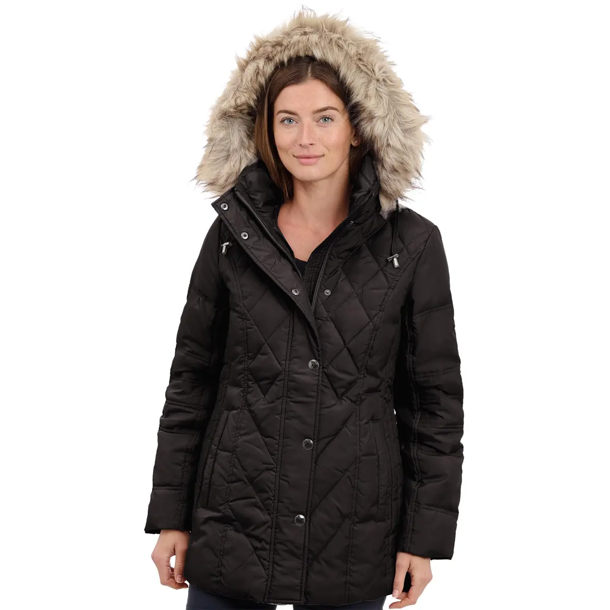 London Fog Women's Diamond Quilted Down Coat | Classic Fit with Detachable Faux Fur Hood (X-Large, Black) - view 2