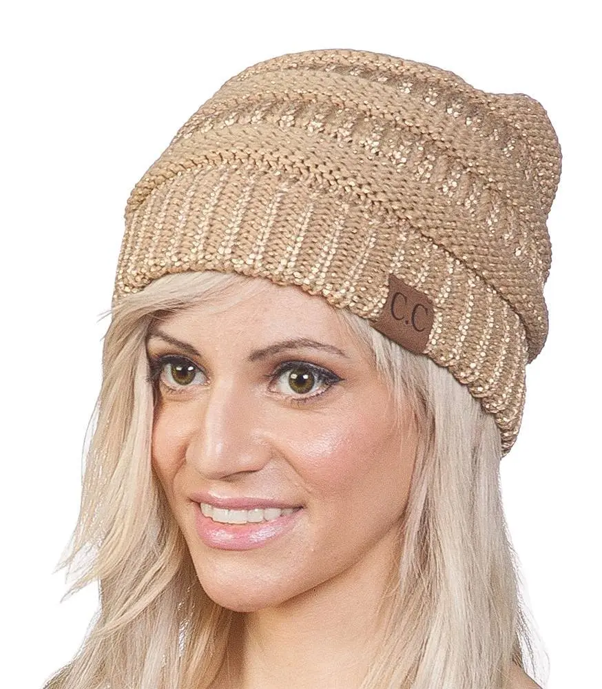 C.C Winter Knit Stripe Slouchy Beanie Hat-Gold | Ultra Warm Acrylic Knit for Women & Men - main product image