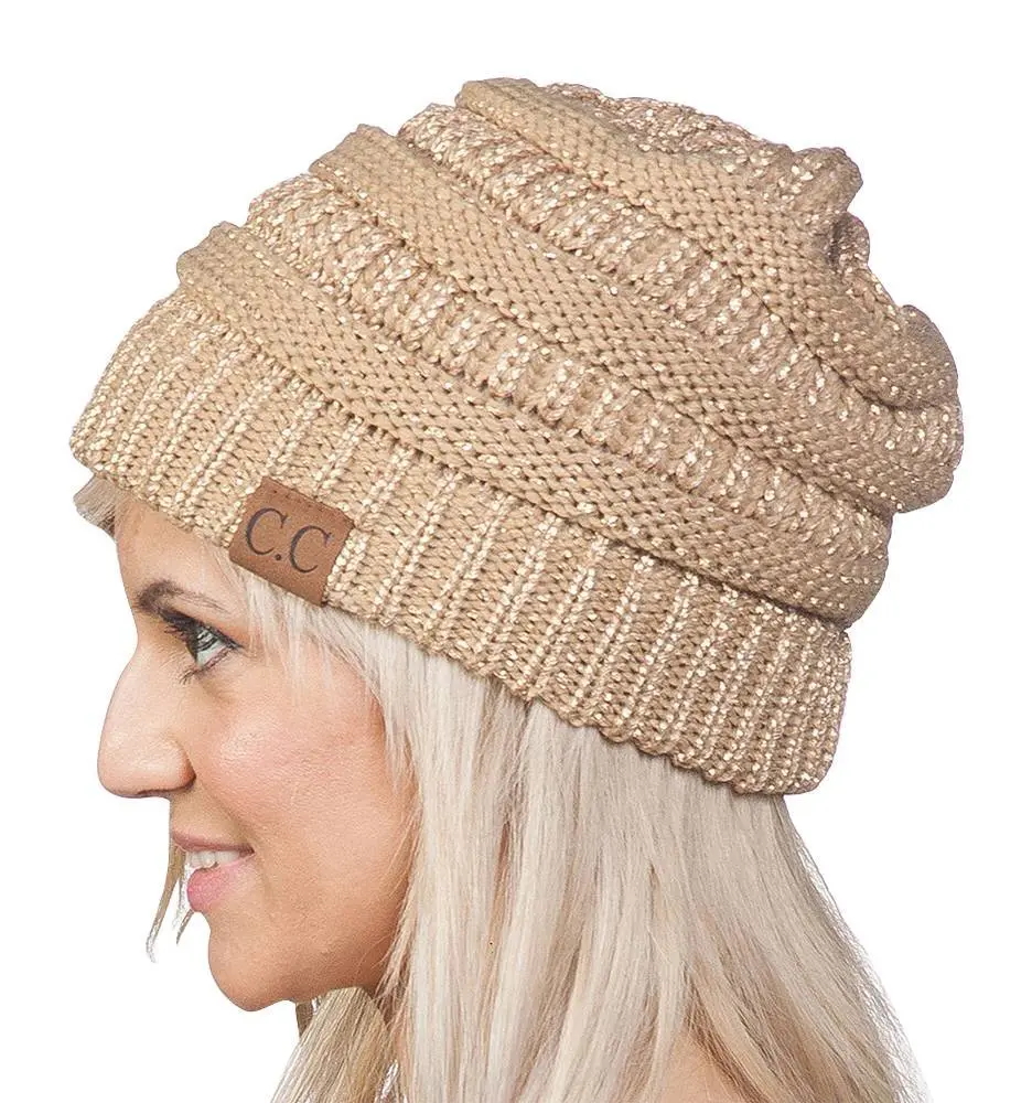 C.C Winter Knit Stripe Slouchy Beanie Hat-Gold | Ultra Warm Acrylic Knit for Women & Men - view 2