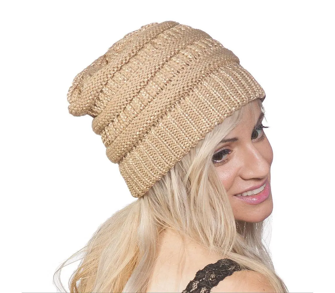 C.C Winter Knit Stripe Slouchy Beanie Hat-Gold | Ultra Warm Acrylic Knit for Women & Men - view 3