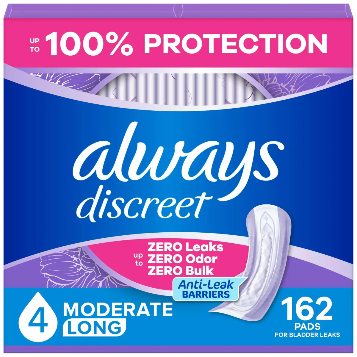 Always Discreet Moderate Long Incontinence Pads 162ct | Drier, 4 Drop Length, USA Imported - main product image