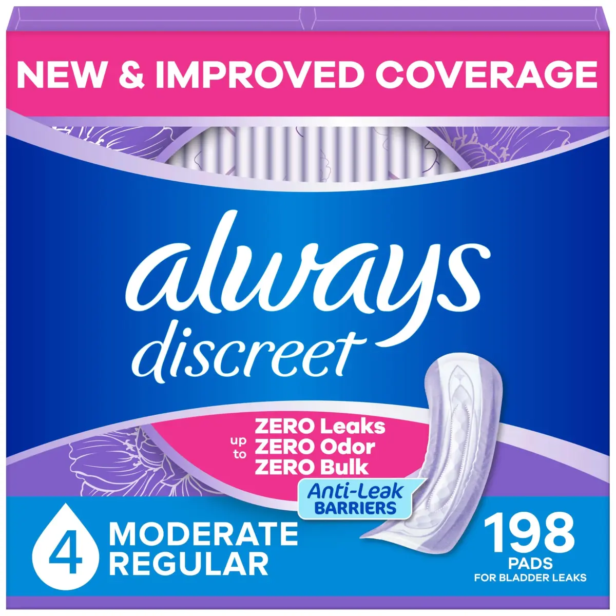 Always Discreet Adult Incontinence Pads for Women, Regular Length, Moderate Absorbency, 198 Count | Drier, 4 Drop Protection - main product image