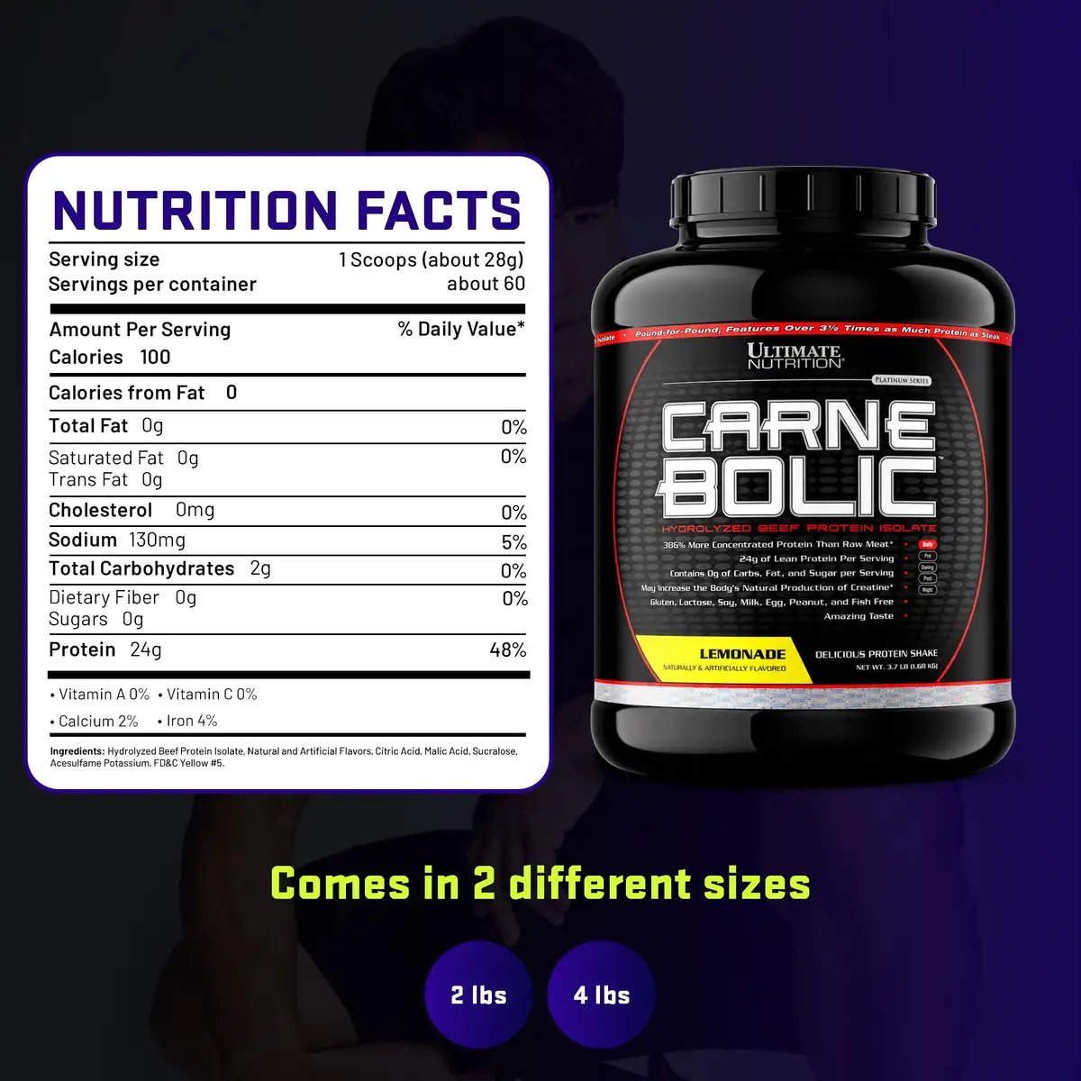 Ultimate Nutrition CarneBOLIC Beef Protein Isolate, Lemonade, 4 lb | Hydrolyzed, Dairy-Free, Keto & Paleo Friendly - view 7