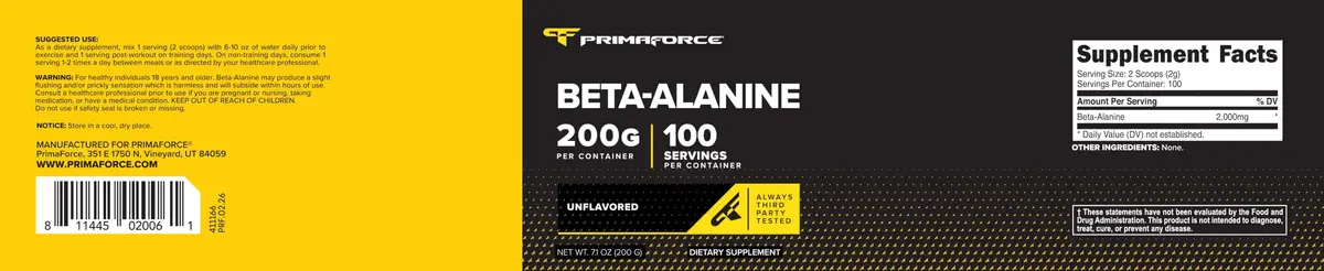 Primaforce Beta Alanine Powder 200g (7.1oz) | NSF Certified GMP Compliant Facility - view 6