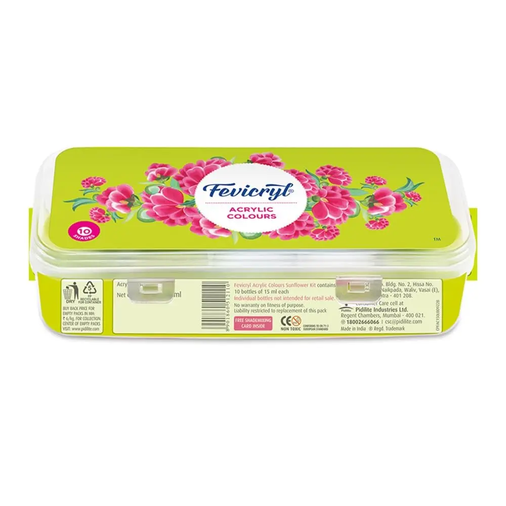 Fevicryl Acrylic Colors Sunflower Kit 10 Shades 150ml (5.07 Fl Oz) | Bright & Transparent Art Paint - main product image
