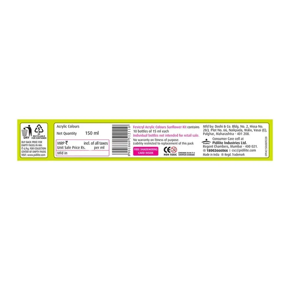 Fevicryl Acrylic Colors Sunflower Kit 10 Shades 150ml (5.07 Fl Oz) | Bright & Transparent Art Paint - view 7