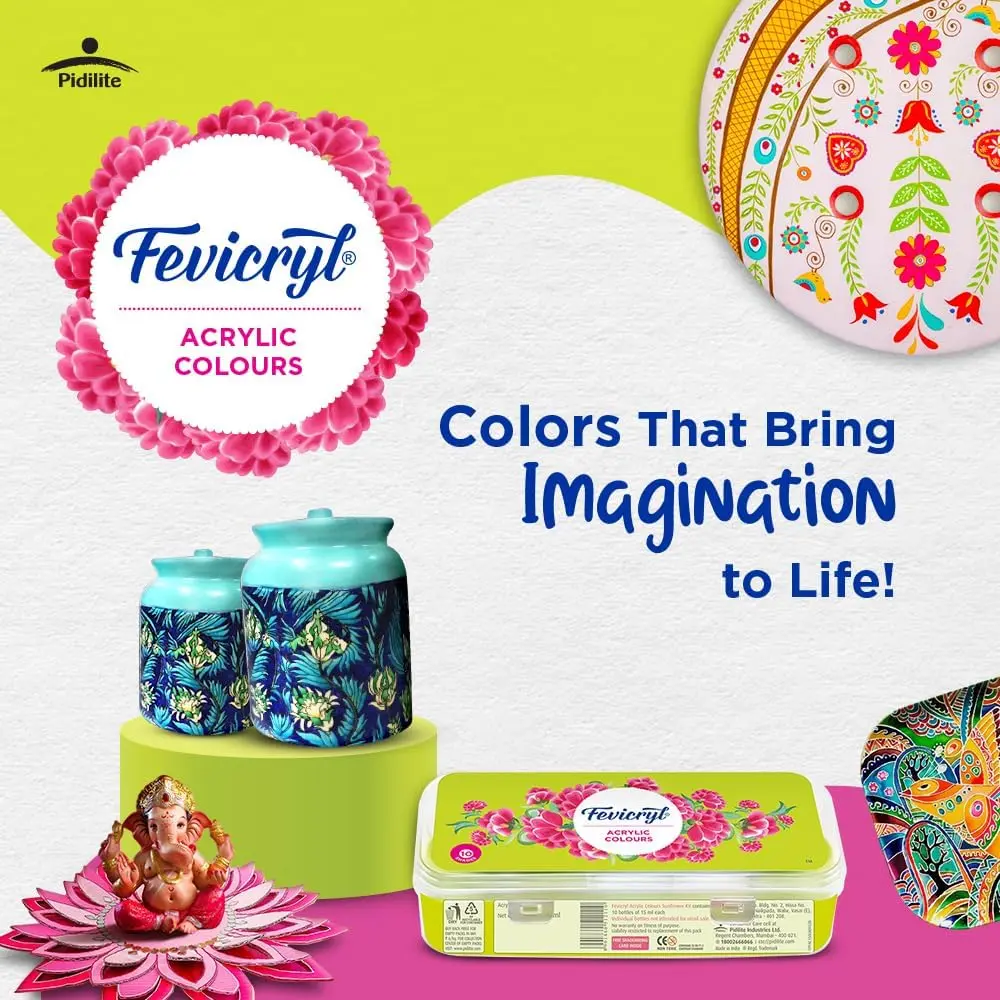 Fevicryl Acrylic Colors Sunflower Kit 10 Shades 150ml (5.07 Fl Oz) | Bright & Transparent Art Paint - view 2