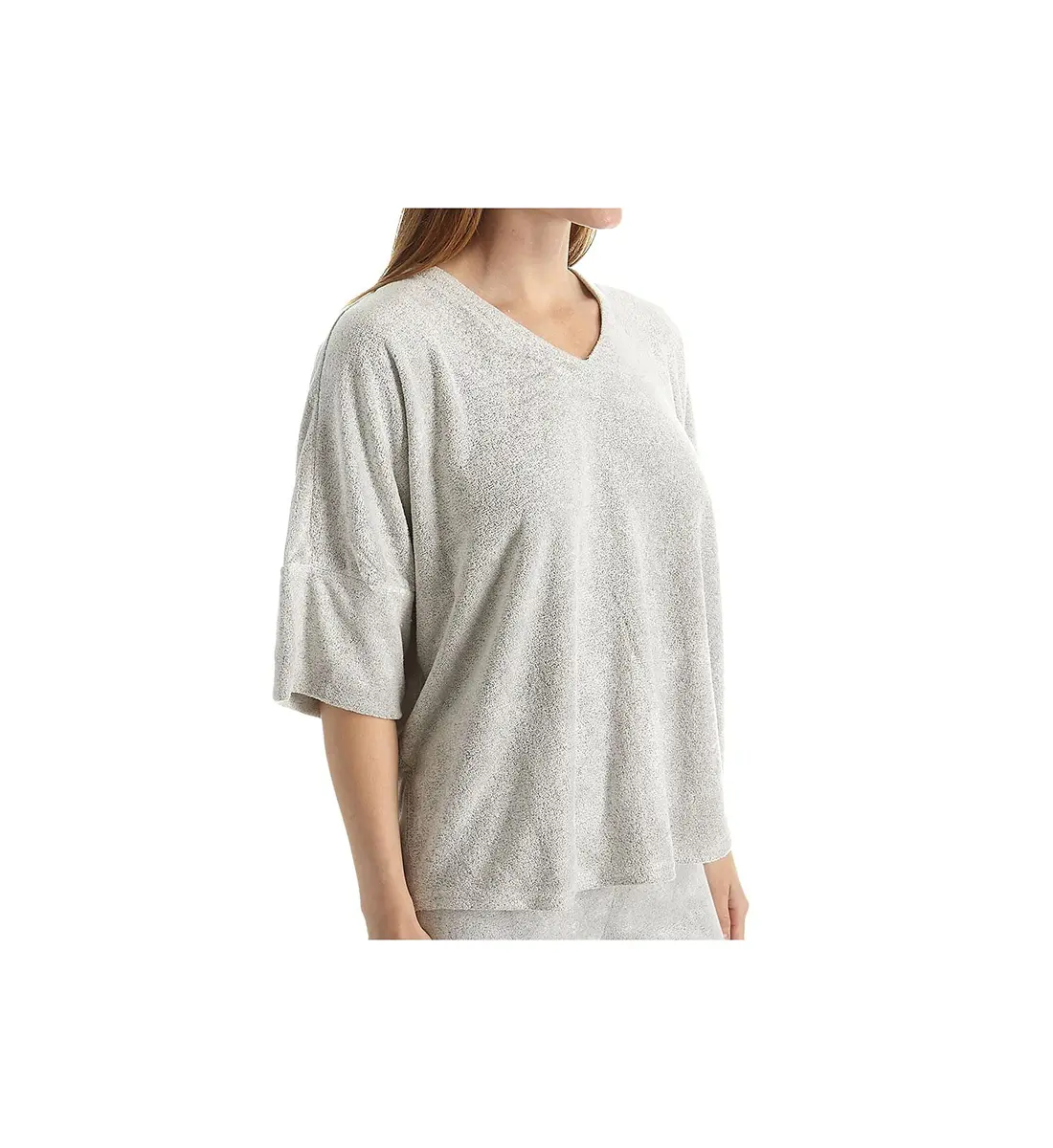 N Natori Womens Terry Lounge Pajama Tops Heather Grey Large | Comfortable Short Sleeve V-Neck - main product image