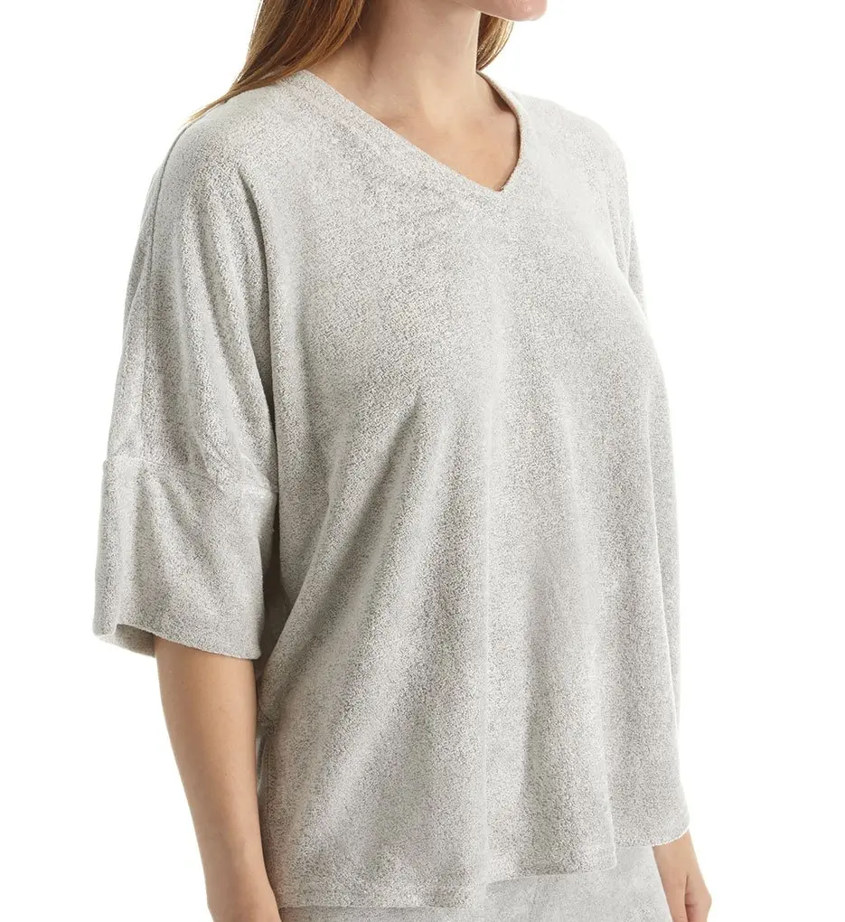 N Natori Womens Terry Lounge Pajama Tops Heather Grey Large | Comfortable Short Sleeve V-Neck - view 2