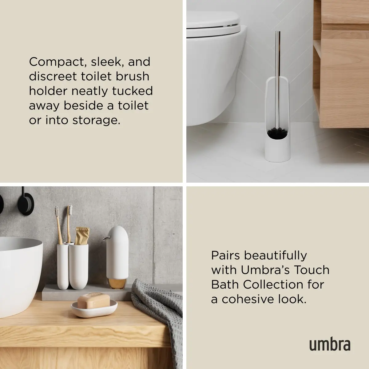 Umbra Touch Toilet Brush with Holder, Weighted Base, White | Compact Modern Bathroom Accessory - view 4