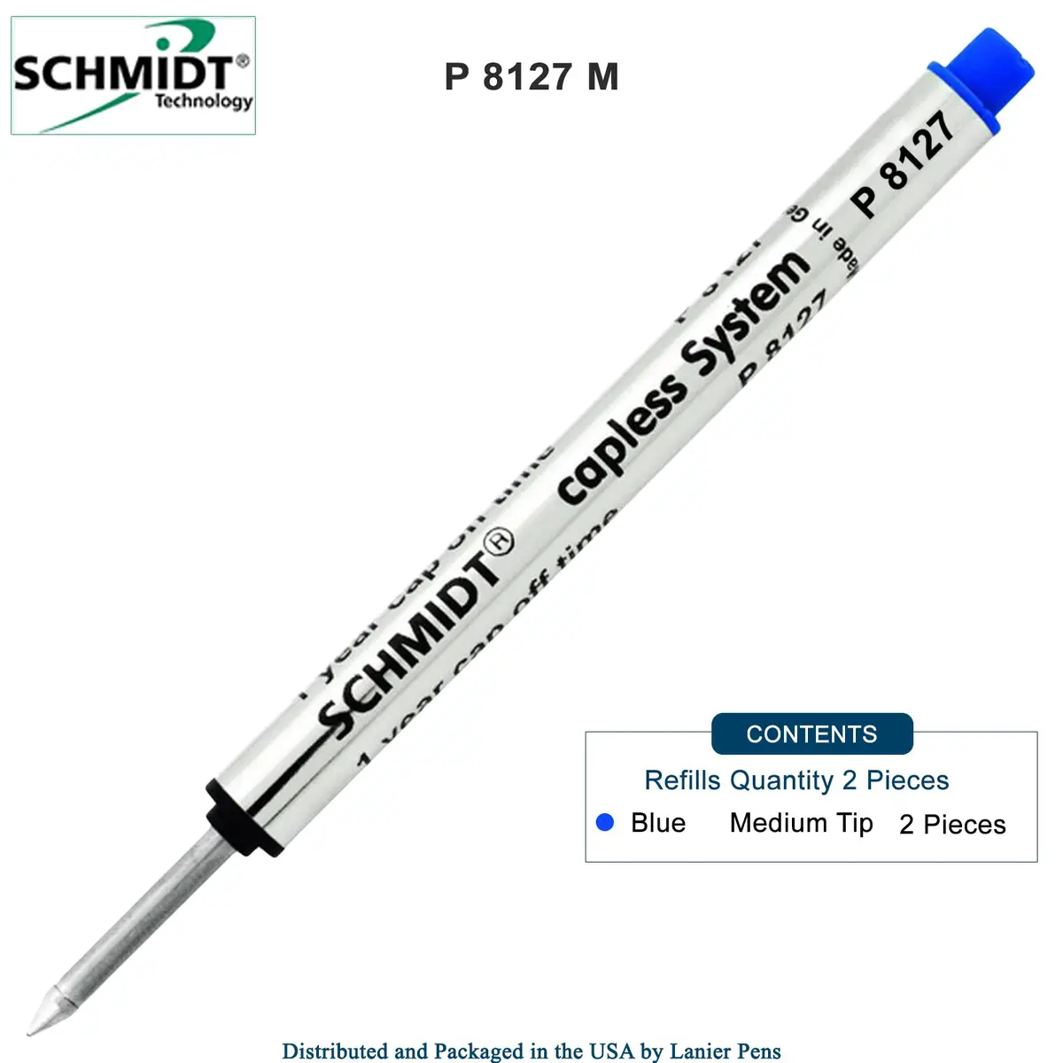 Schmidt P8127 Short Capless Rollerball Ink Refill Medium Tip Blue 2-Pack | Smooth Ink Flow - view 2
