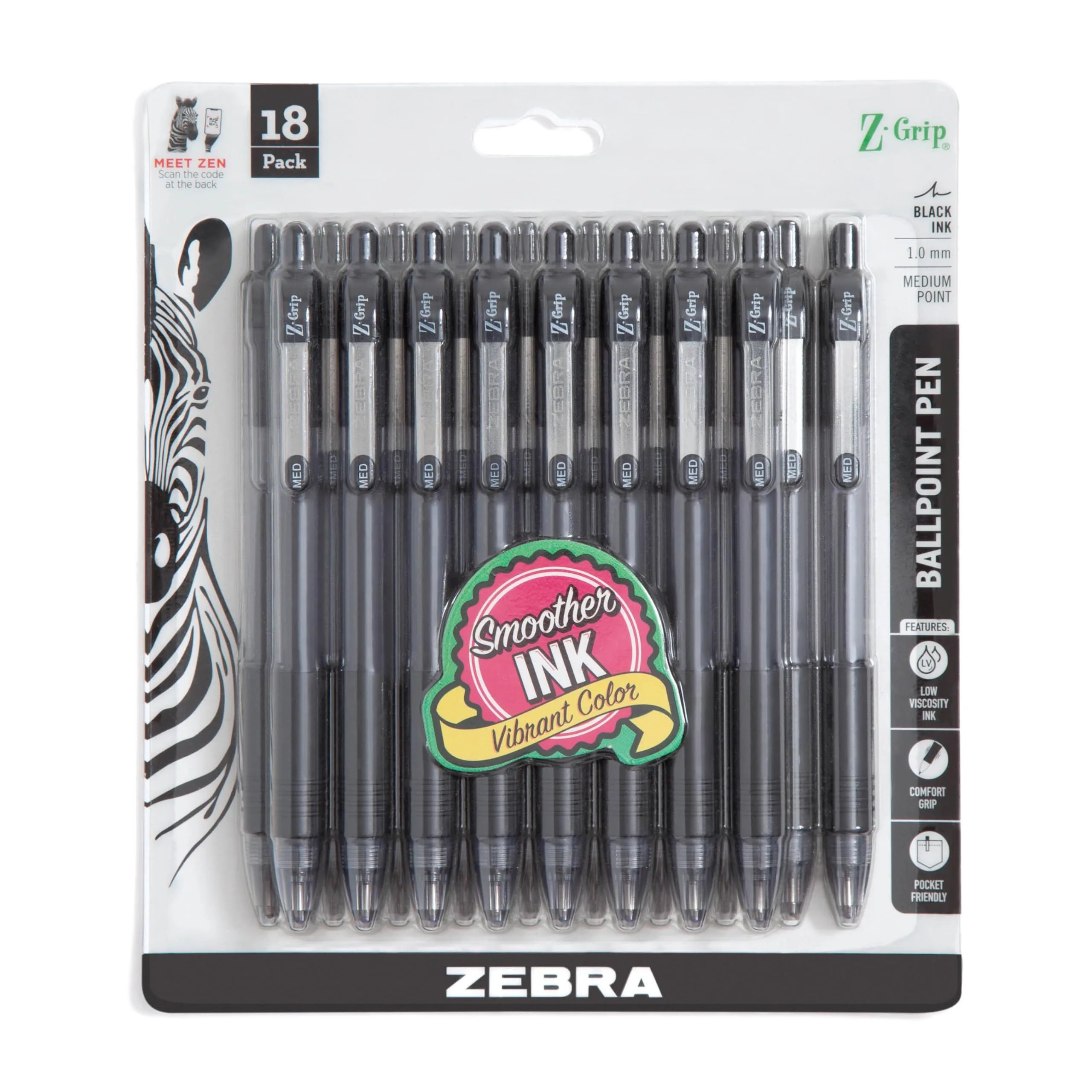 Zebra Pen Z-Grip Retractable Ballpoint Pen, Black Ink, 1.0mm Medium Point, 18-Pack | Smooth Writing for Students & Office - main product image