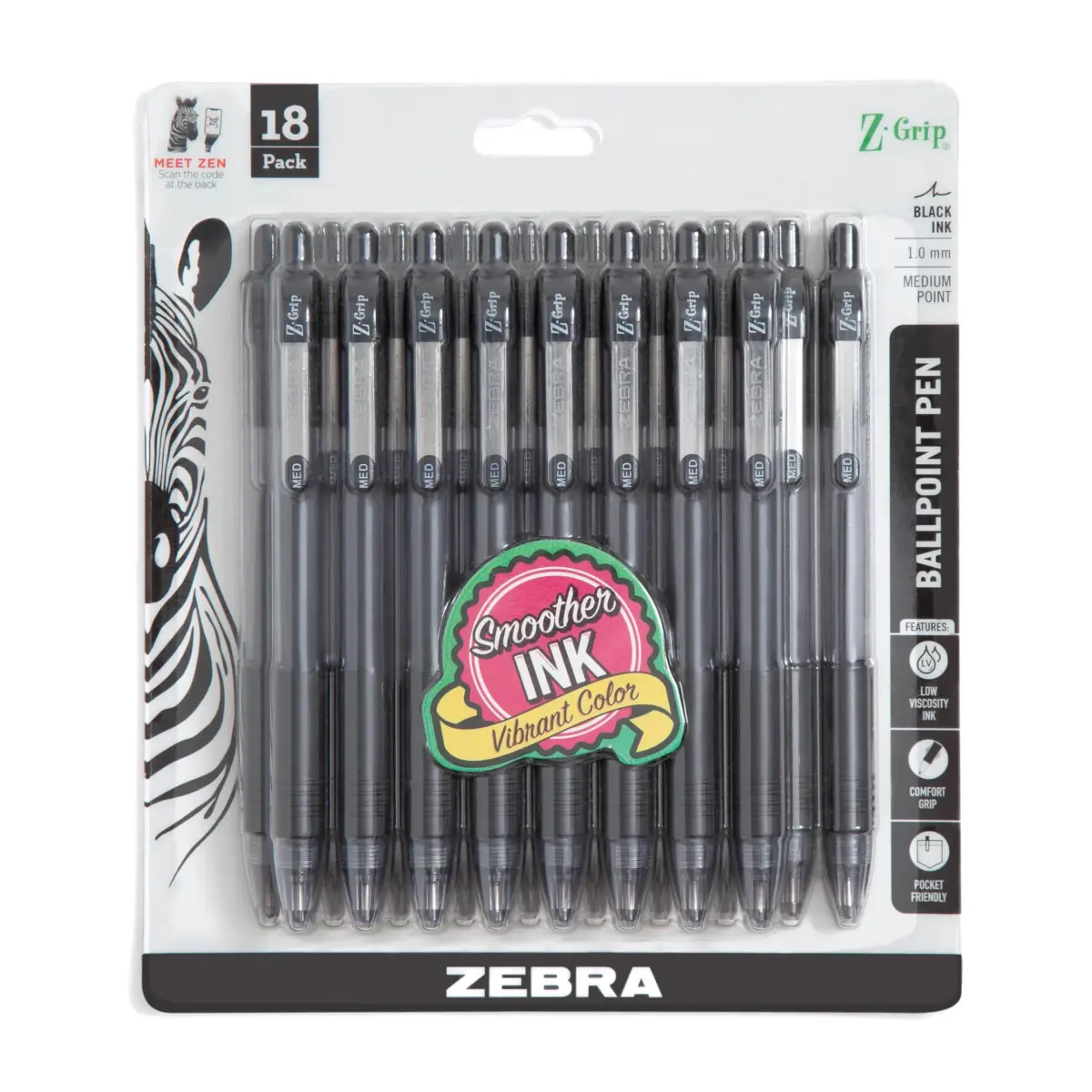 Zebra Pen Z-Grip Retractable Ballpoint Pens, Black Ink, 1.0mm, 18-Pack | Smooth Writing for Students & Professionals - main product image