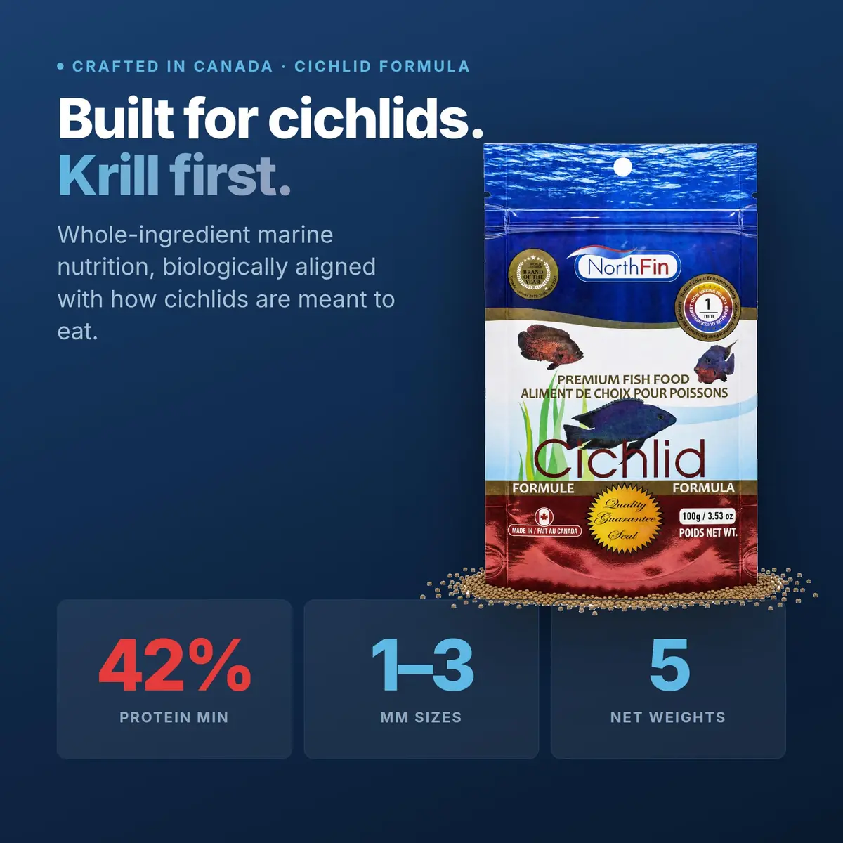 NorthFin Cichlid Fish Food, Slow-Sinking Pellets, 1mm, 100g | Natural Colour & Health Support - view 3