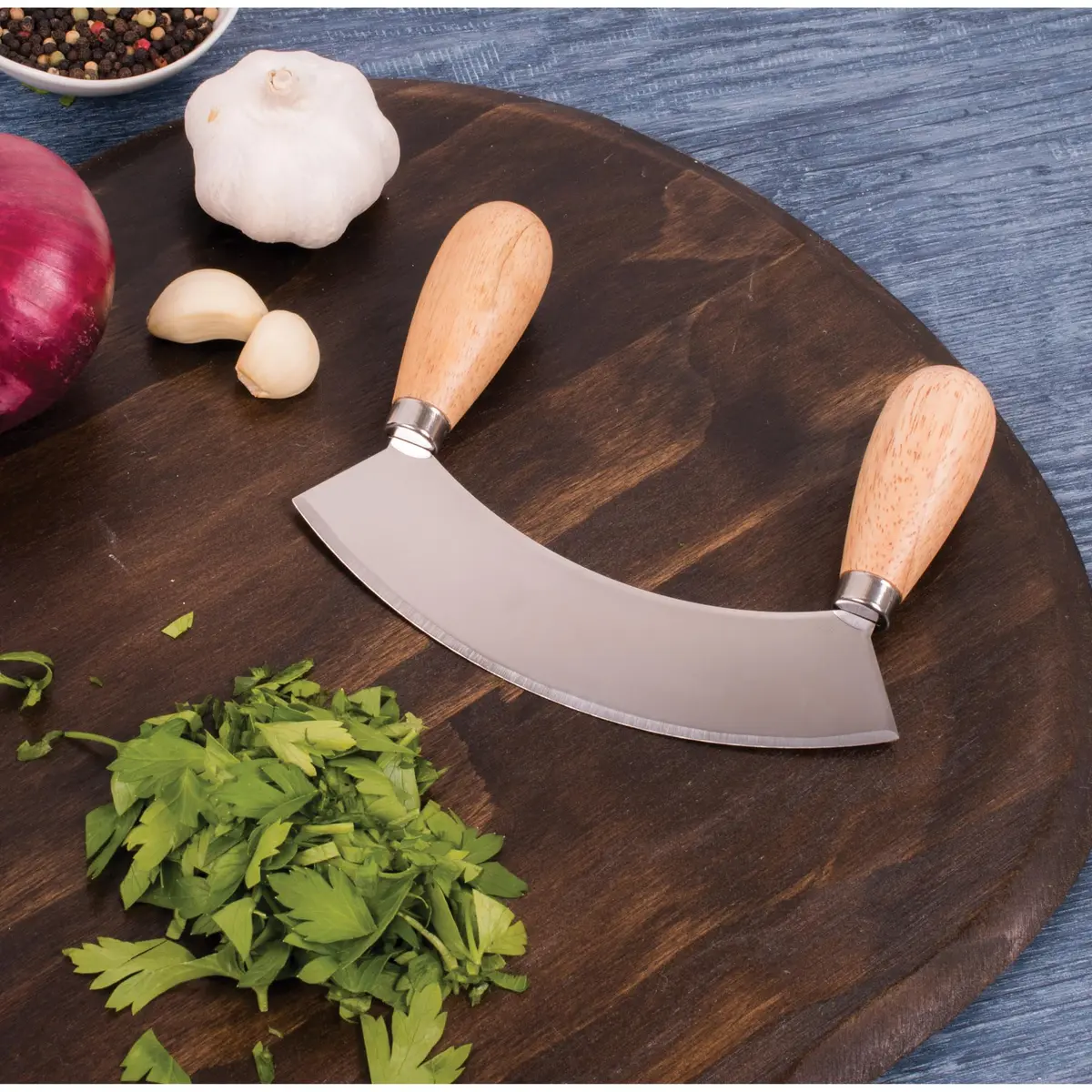 HIC Kitchen Mezzaluna Rocking Chopper & Mincing Knife 6.75 Inch | Stainless Steel & Rubberwood for Herbs Vegetables Nuts - view 5