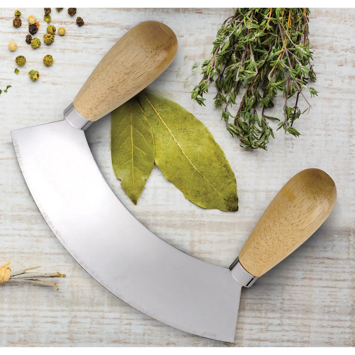 HIC Kitchen Mezzaluna Rocking Chopper & Mincing Knife 6.75 Inch | Stainless Steel & Rubberwood for Herbs Vegetables Nuts - view 6