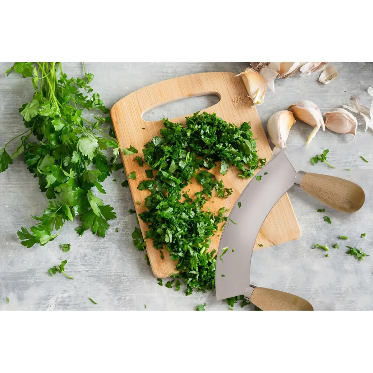 HIC Kitchen Mezzaluna Rocking Chopper & Mincing Knife 6.75 Inch | Stainless Steel & Rubberwood for Herbs Vegetables Nuts - view 2