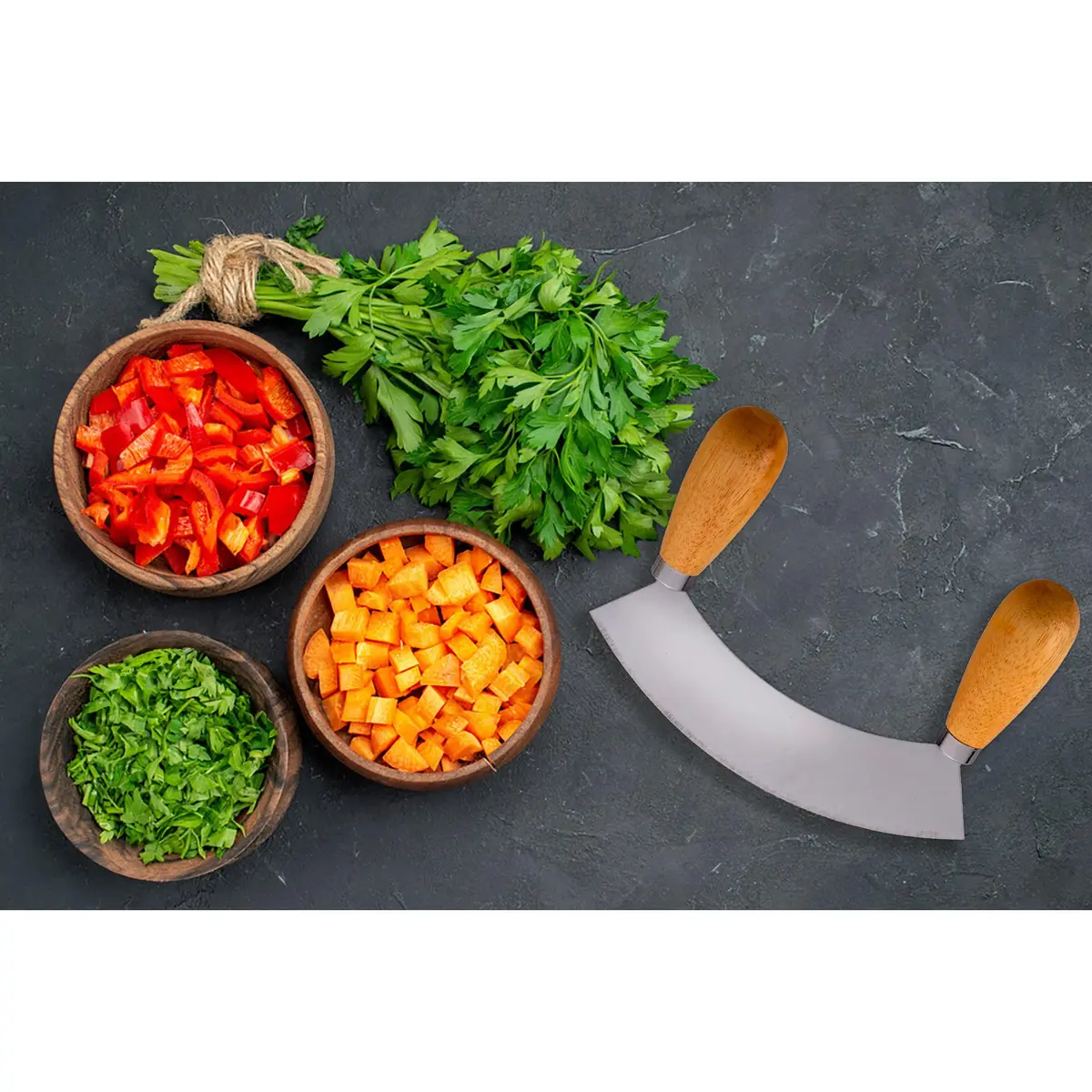 HIC Kitchen Mezzaluna Rocking Chopper & Mincing Knife 6.75 Inch | Stainless Steel & Rubberwood for Herbs Vegetables Nuts - view 3