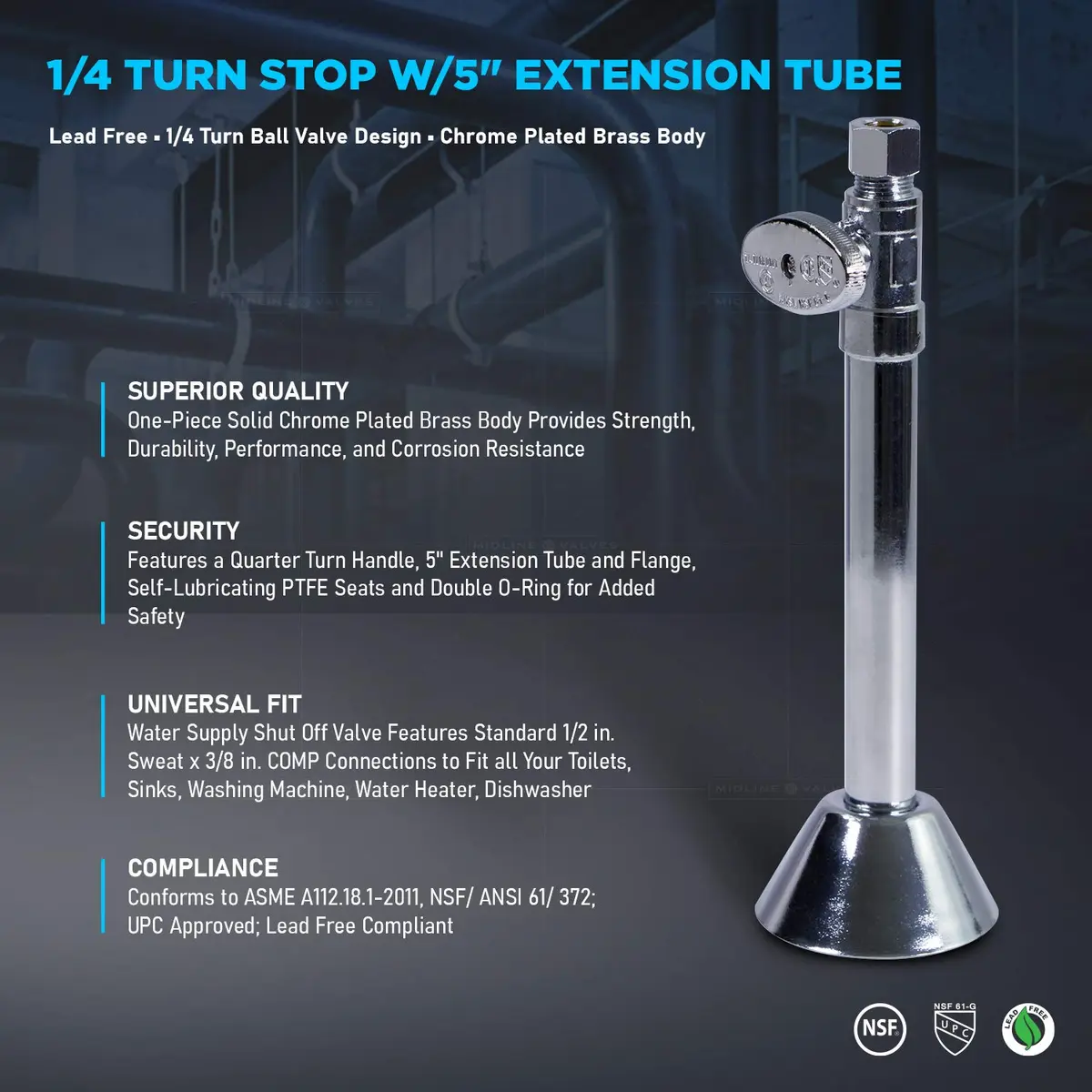 Midline Valve 84212PR-NL 1/2 in. Sweat x 3/8 in. Compression Straight Stop Valve with 5" Extension Tube | Lead-Free Brass Construction - view 5