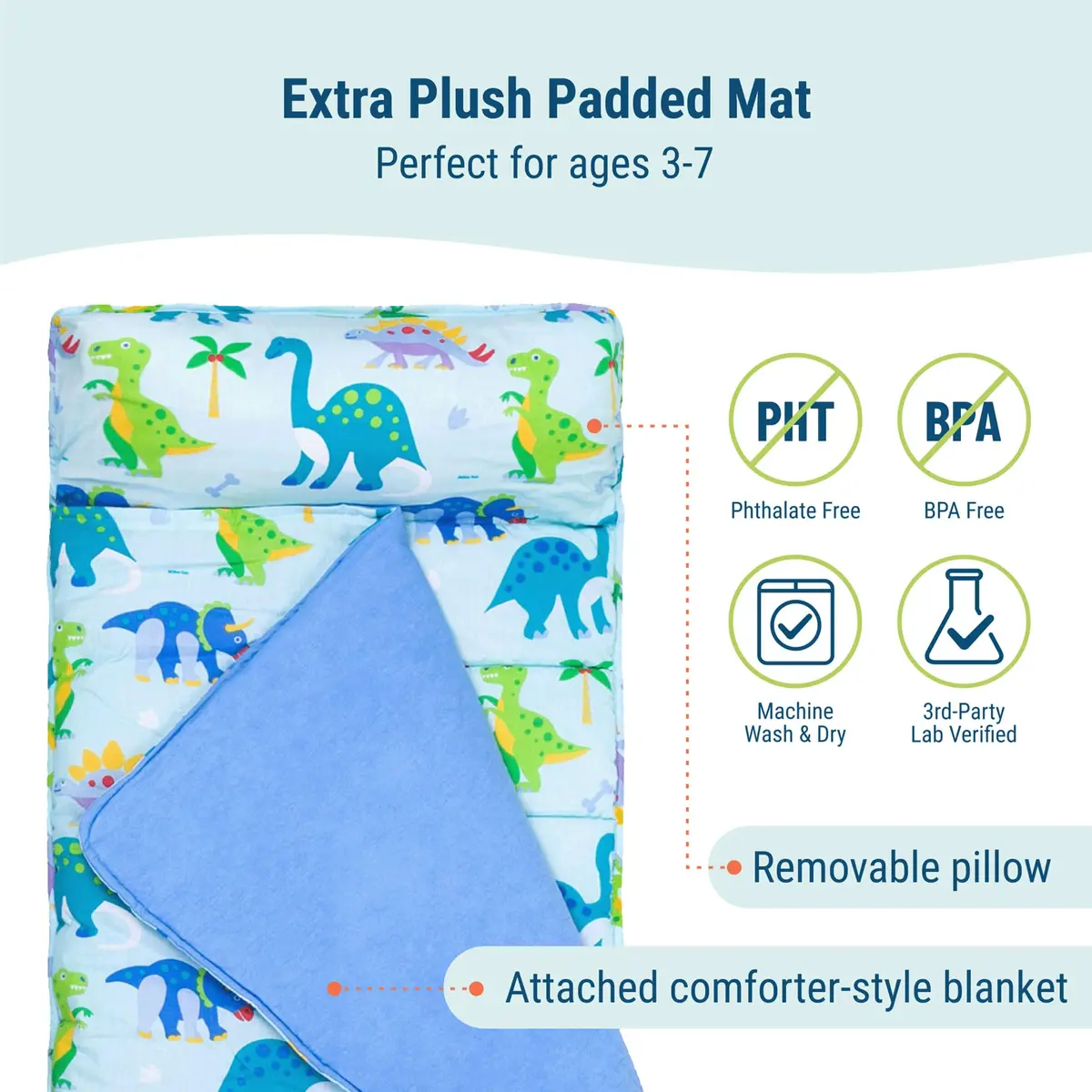 Wildkin Nap Mat with Pillow and Blanket | Preschool Rest Mat, Dinosaur Land, All-in-One Compact Roll - view 3
