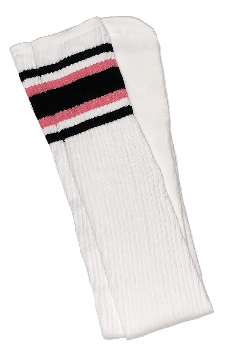 SKATERSOCKS 35" Thigh High White Tube Socks with Black-BubbleGum Pink Stripes Style 4 | Comfortable Athletic Fit - main product image