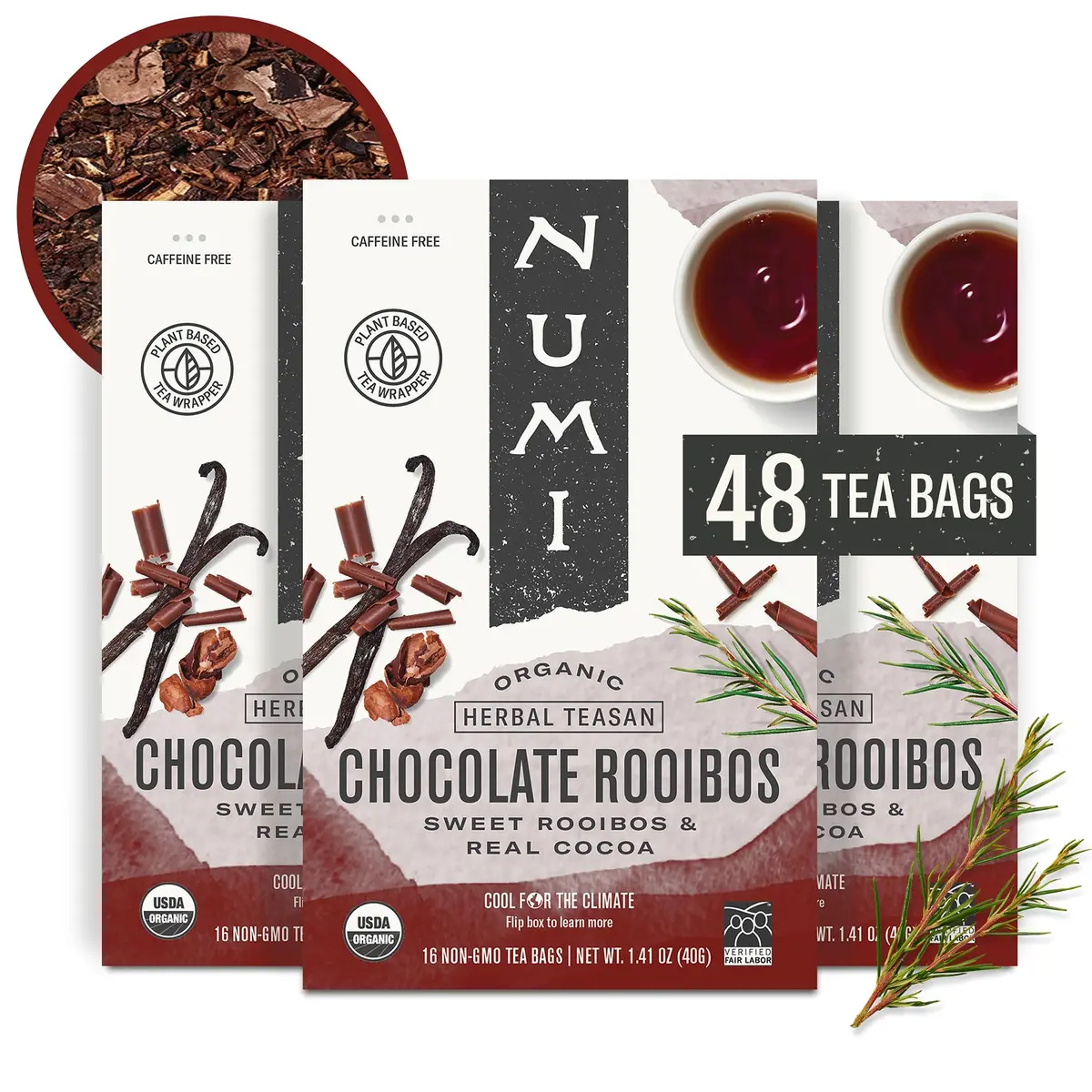 Numi Organic Chocolate Rooibos Tea, 48 Herbal Tea Bags | Caffeine Free, USDA Organic, Biodegradable Bags - main product image
