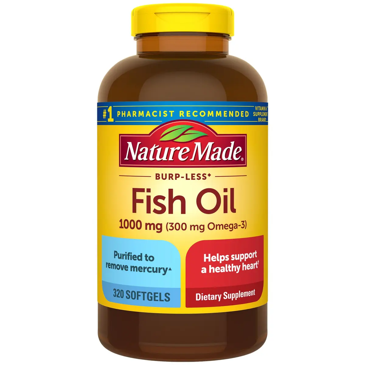 Nature Made Burp Less Fish Oil Omega 3 1000mg Softgels, 320 Count (160 Day Supply) | Heart Health Support with EPA & DHA - main product image