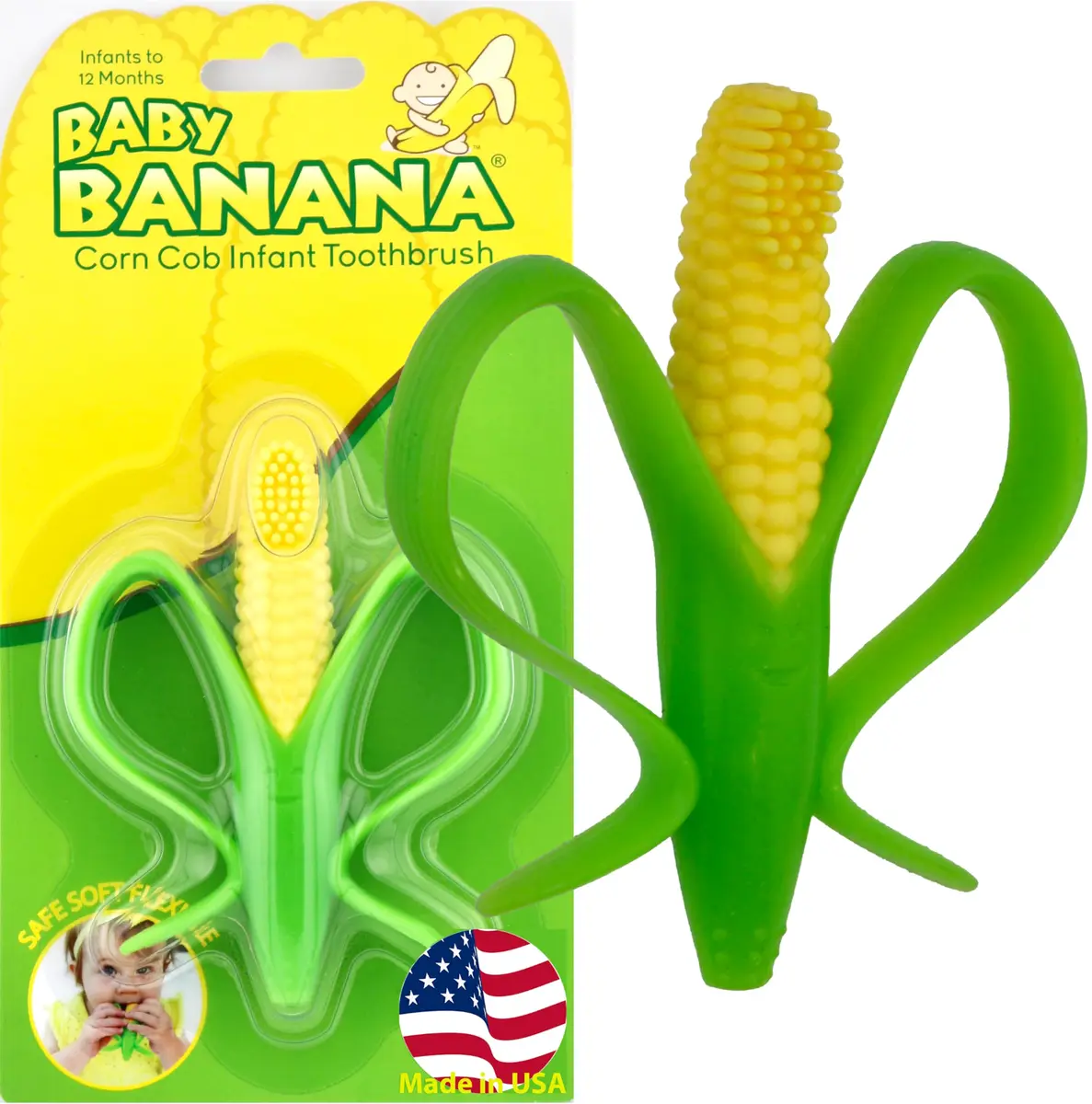 Baby Banana Corn Cob Toothbrush Teether 1 Count | Soft Silicone Baby Teething & Brushing Tool - main product image