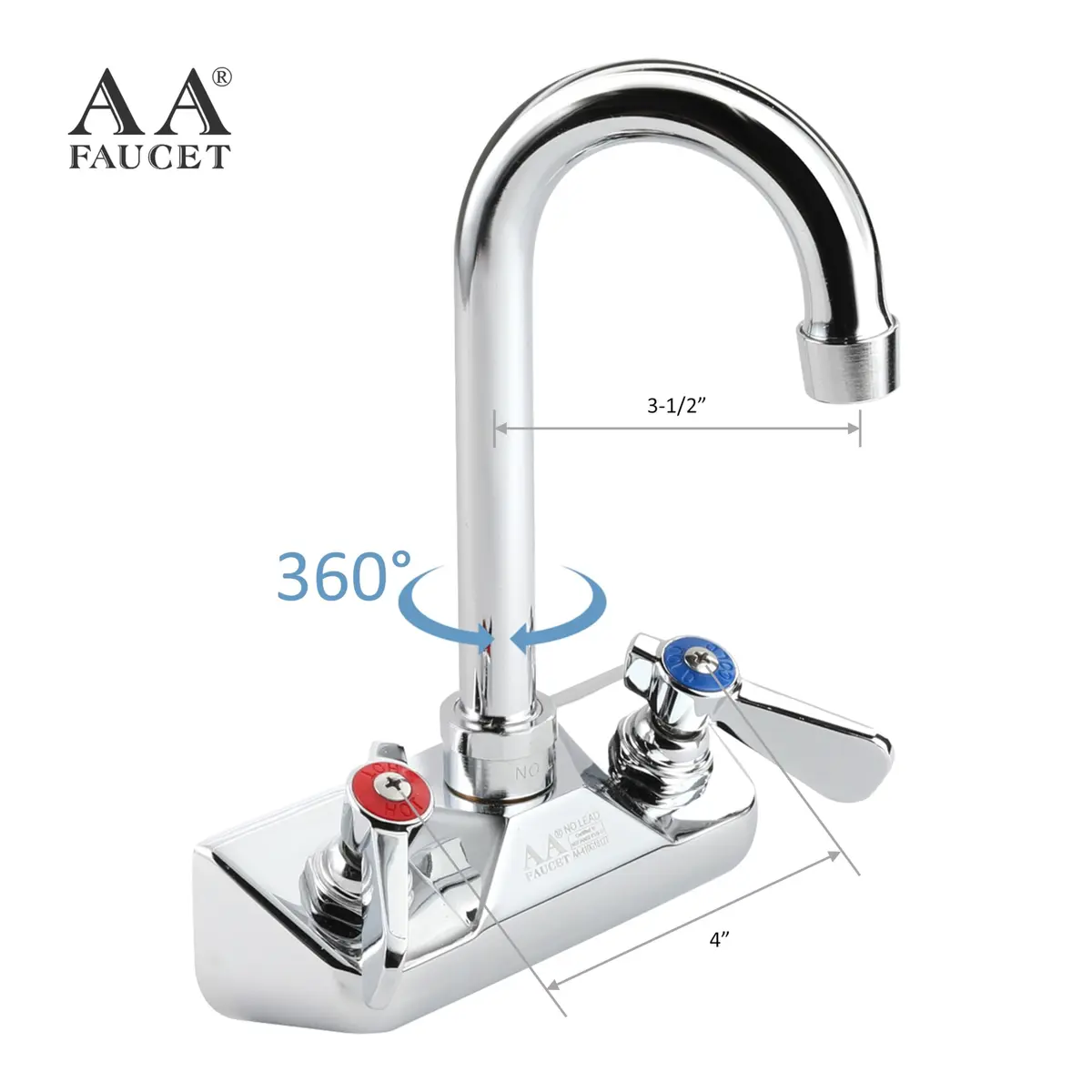 AA Faucet 4" Wall Mount Commercial Hand Sink Faucet with 3-1/2" Gooseneck Spout Brass Chrome NSF - view 2
