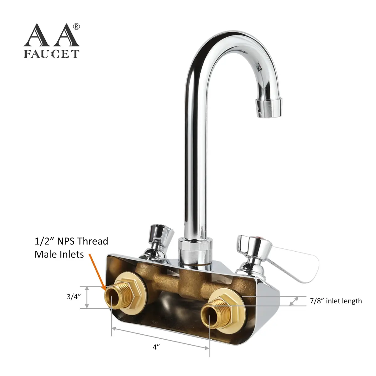 AA Faucet 4" Wall Mount Commercial Hand Sink Faucet with 3-1/2" Gooseneck Spout Brass Chrome NSF - view 3