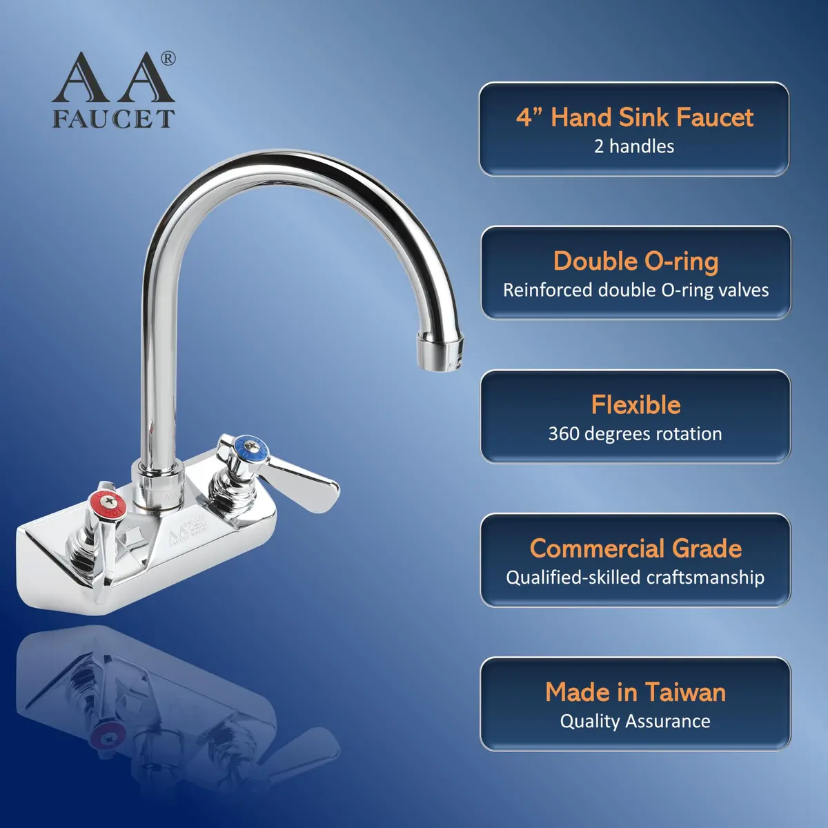 AA Faucet 4" Wall Mount Commercial Hand Sink Faucet with 6" Gooseneck Spout, Brass Construction Chrome Polished for Restaurant Kitchen NSF Approved - view 4