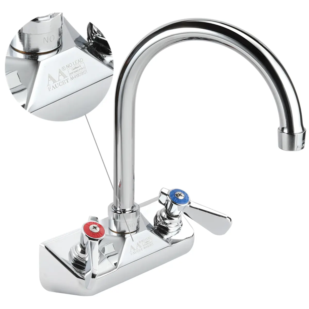 AA Faucet 4" Wall Mount Commercial Hand Sink Faucet with 6" Gooseneck Spout, Brass Construction Chrome Polished for Restaurant Kitchen NSF Approved - view 6