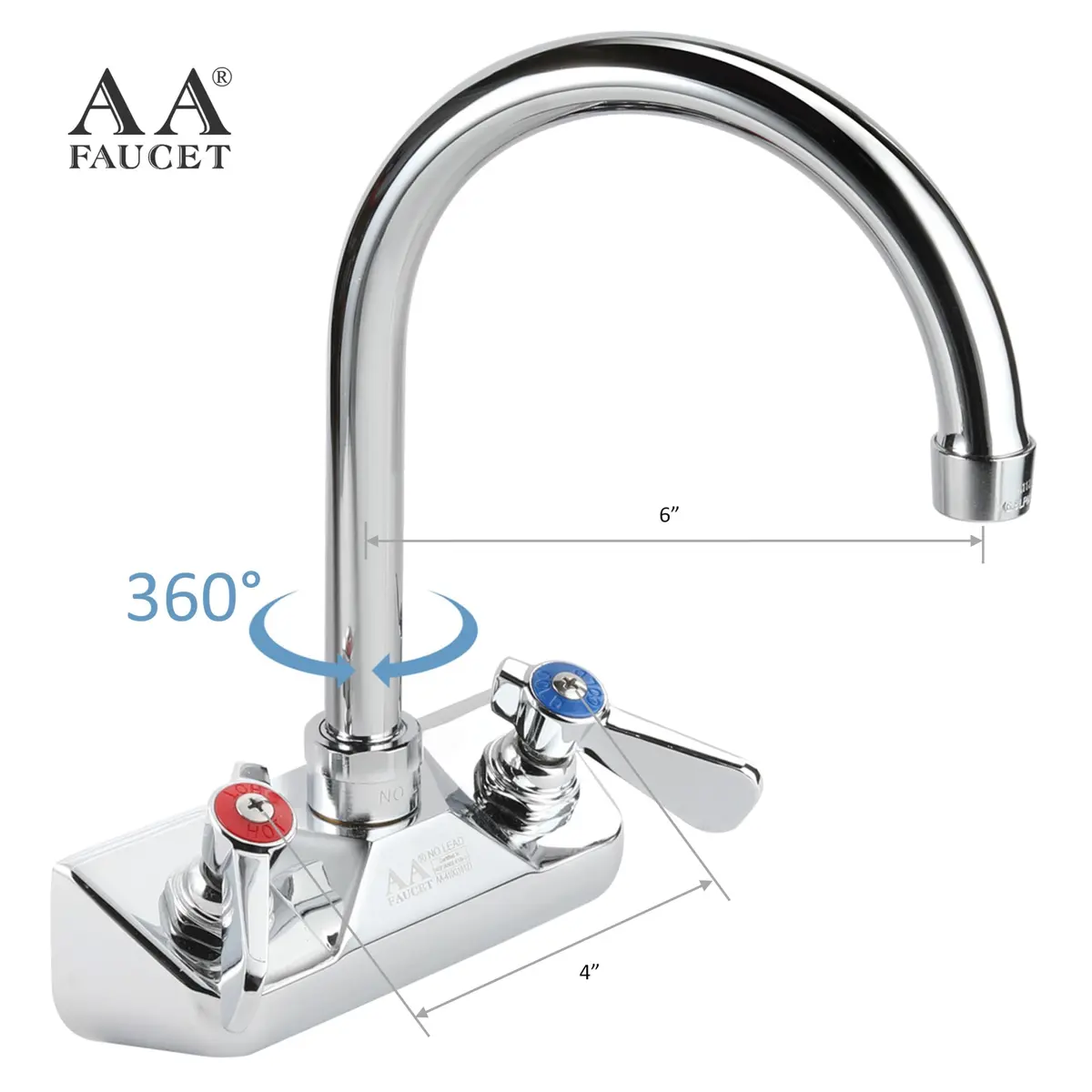 AA Faucet 4" Wall Mount Commercial Hand Sink Faucet with 6" Gooseneck Spout, Brass Construction Chrome Polished for Restaurant Kitchen NSF Approved - view 2