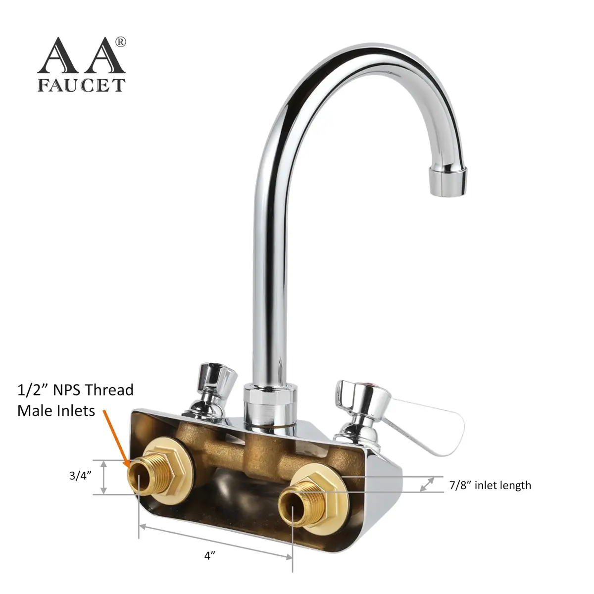 AA Faucet 4" Wall Mount Commercial Hand Sink Faucet with 6" Gooseneck Spout, Brass Construction Chrome Polished for Restaurant Kitchen NSF Approved - view 3
