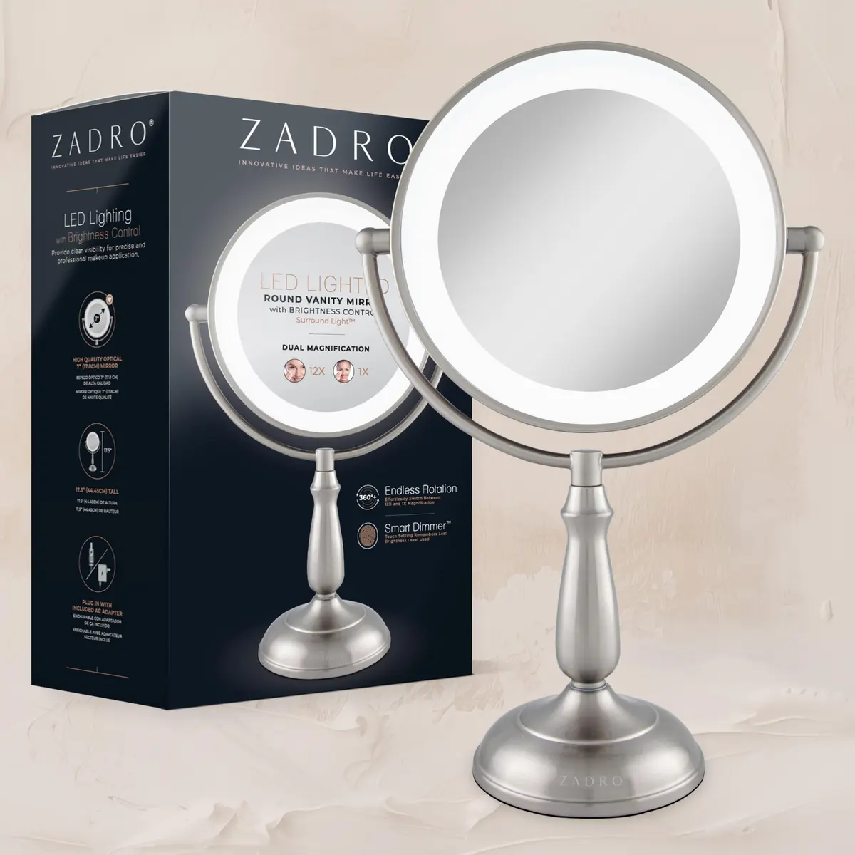 Zadro 11" Makeup Mirror with Lights and Magnification | Dimmable Touch LED Lighted Mirror with 10X Magnification - view 9