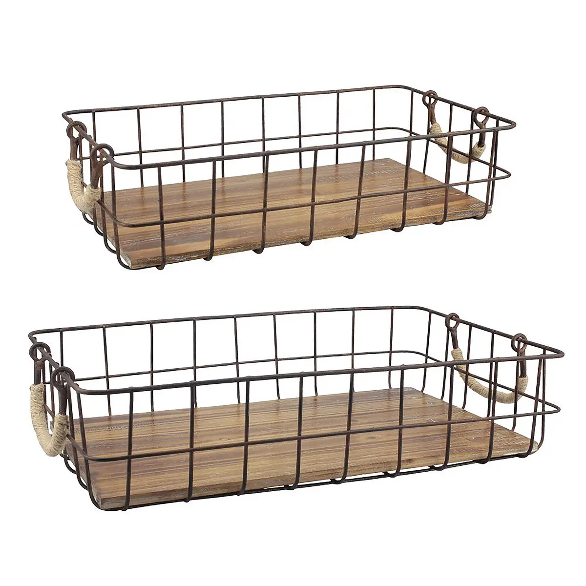 Stonebriar 2pc Rectangle Metal Wire & Wood Basket Set Rustic Decor | Stackable Home Storage - main product image