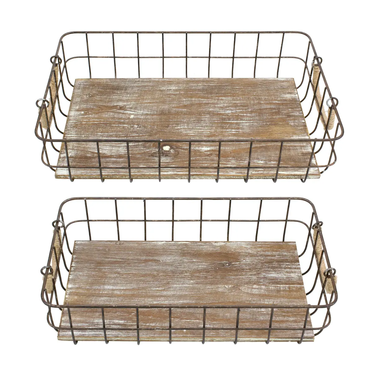 Stonebriar 2pc Rectangle Metal Wire & Wood Basket Set Rustic Decor | Stackable Home Storage - view 2