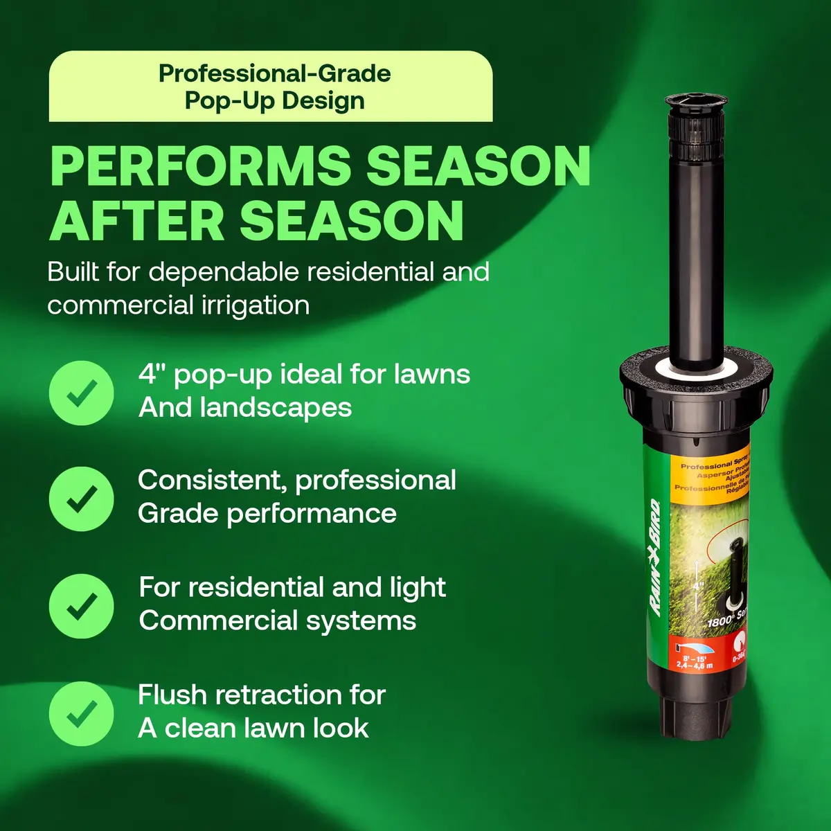 Rain Bird 1804VAN 1800 Series Professional Pop-Up Sprinkler Head 4 Inch (10.16 cm) | 5-Pack, Adjustable 0-360 Degree Arc Nozzle Pattern, Up to 15 Ft Spray Distance - view 2