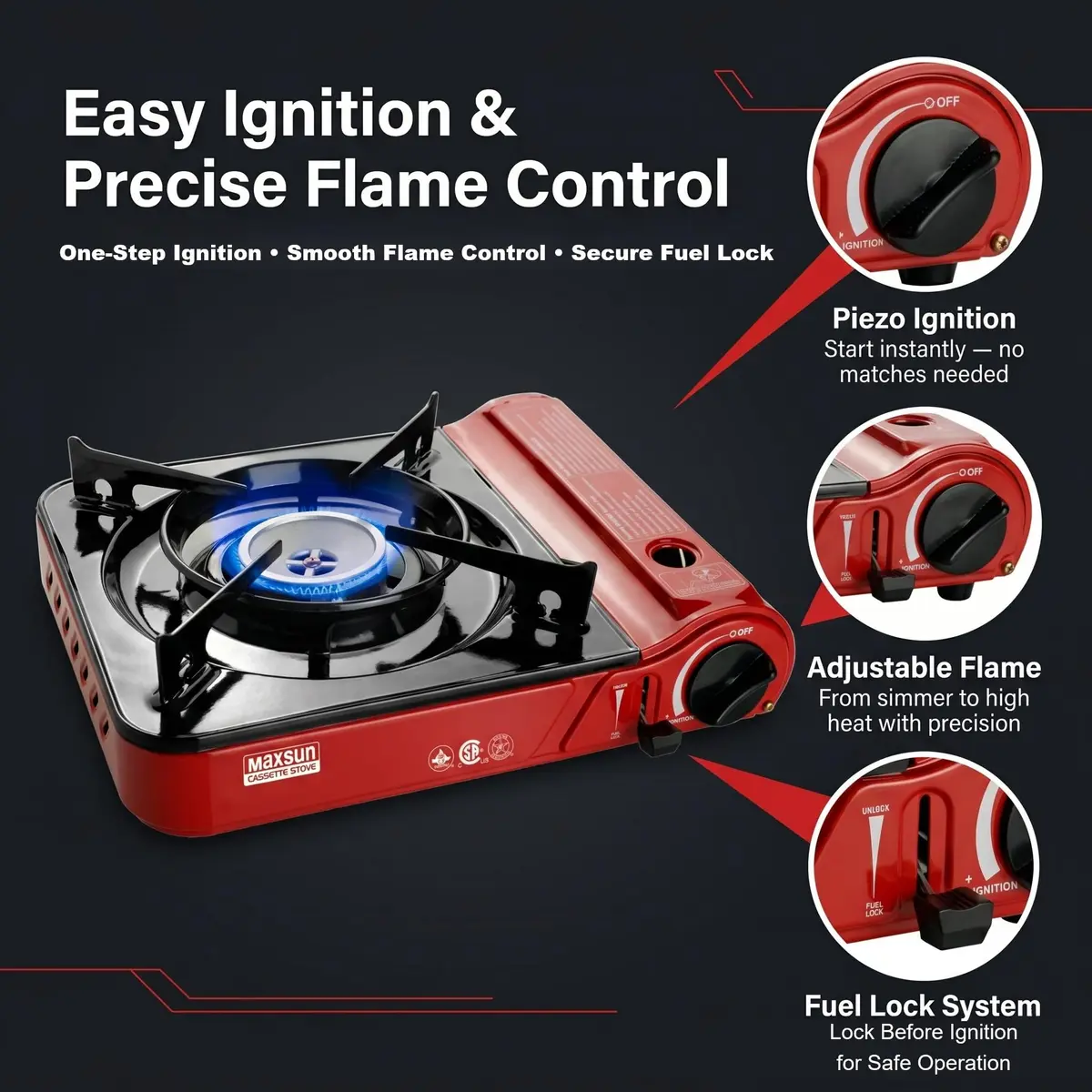 Maxsun MS-3800 Portable Butane Gas Stove | CSA Listed 9560 BTU Adjustable Flame for Camping & Outdoor Cooking - view 5