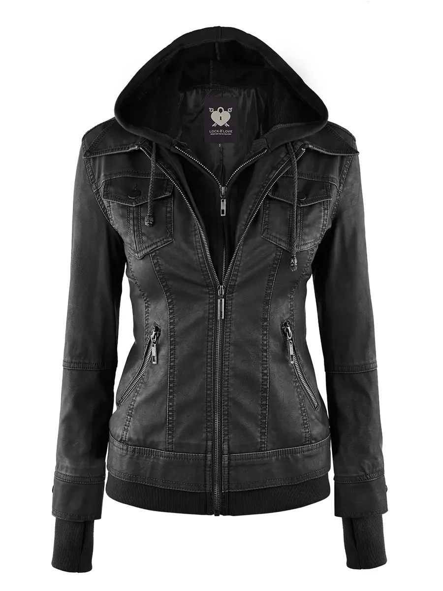 Lock and Love LL WJC664 Women's Faux Leather Moto Biker Jacket with Removable Hood – Zip Up Slim Fit Short Coat with Pockets S BLACK | Edgy & Practical - main product image