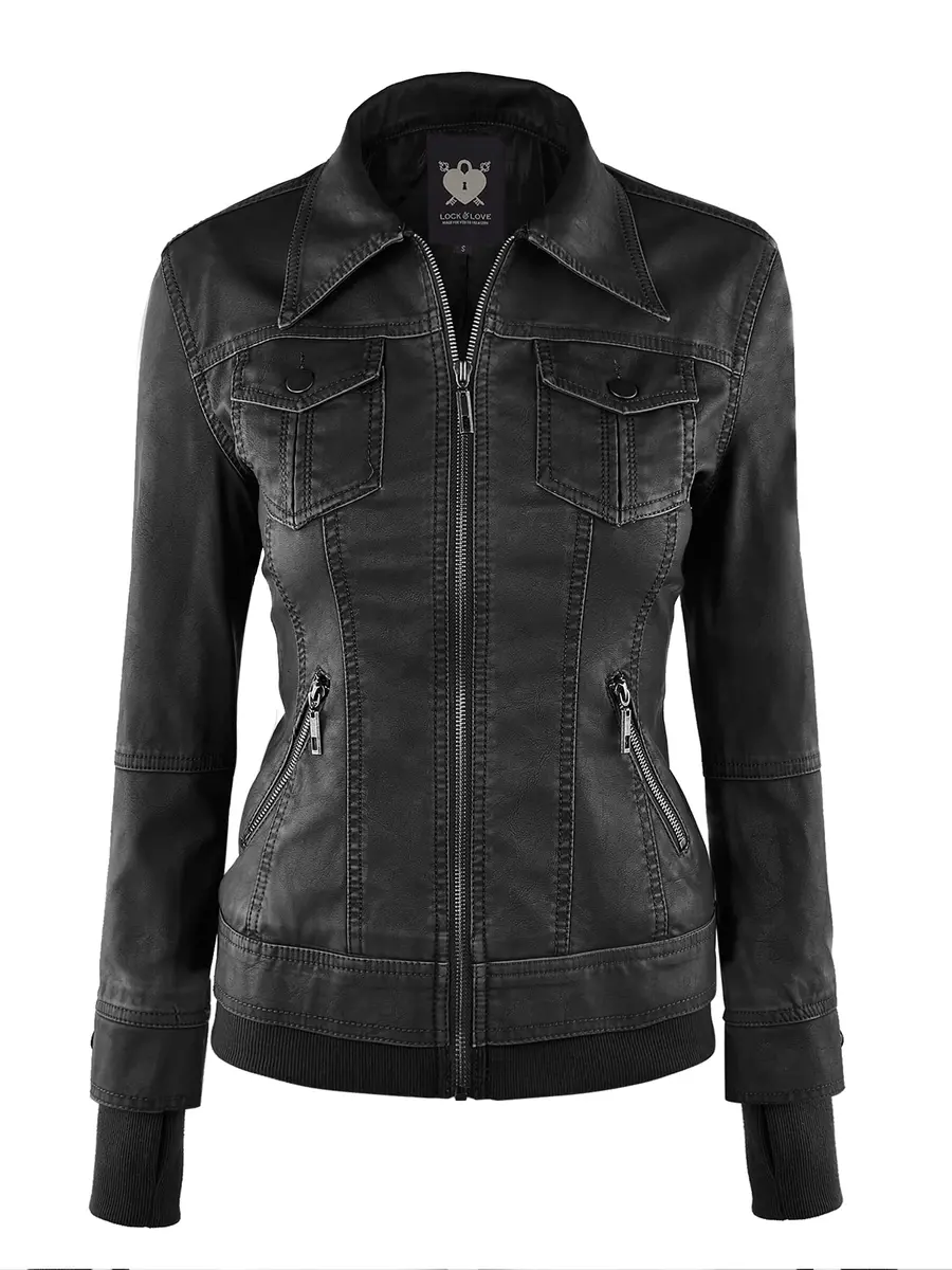 Lock and Love LL WJC664 Women's Faux Leather Moto Biker Jacket with Removable Hood – Zip Up Slim Fit Short Coat with Pockets S BLACK | Edgy & Practical - view 5