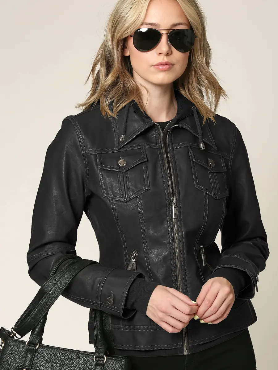 Lock and Love LL WJC664 Women's Faux Leather Moto Biker Jacket with Removable Hood – Zip Up Slim Fit Short Coat with Pockets S BLACK | Edgy & Practical - view 6